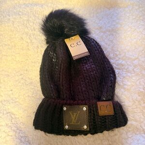 C.C. Women's Black Pom Beanie with Logo Accents